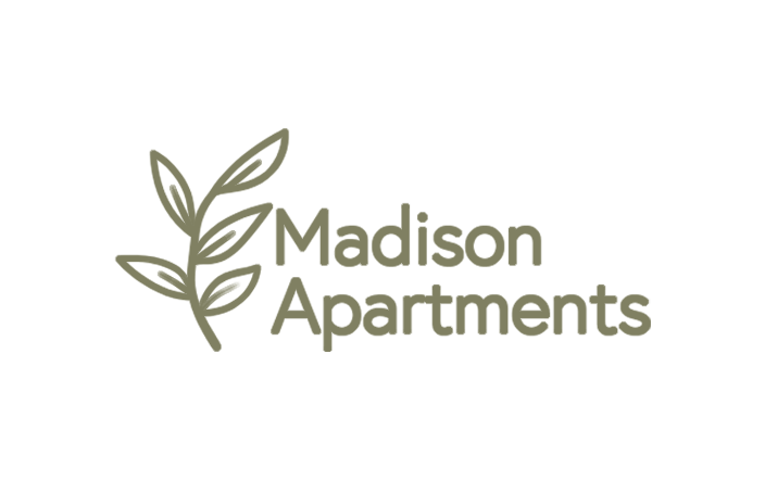 The image is a logo of Madison Apartments with a green color.